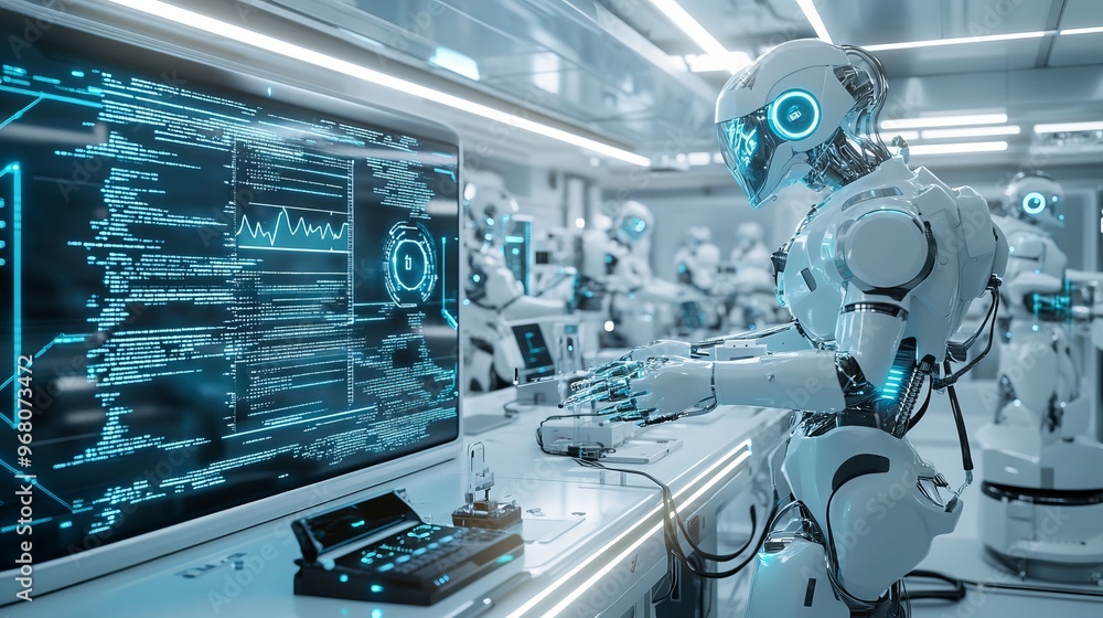 Robots Working in Futuristic High-Tech Lab, Generative AI Robots Working in Futuristic High-Tech Lab, Generative AI