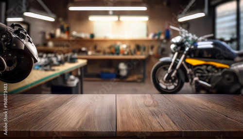 Empty counter table of motorcycle mechanic workshop, workshop scene. Old tools hanging on the wall in the workshop, tool rack against a table and a wall.  ideal for displaying advertising products photo