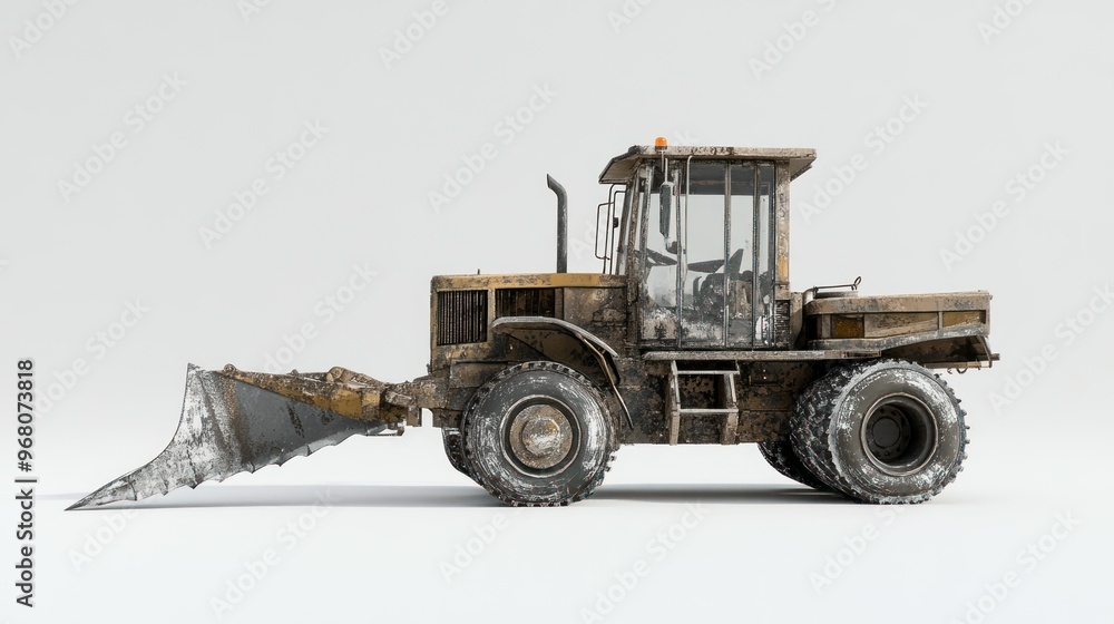 Naklejka premium Worn-Down Yellow Bulldozer with Snow Plow Blade