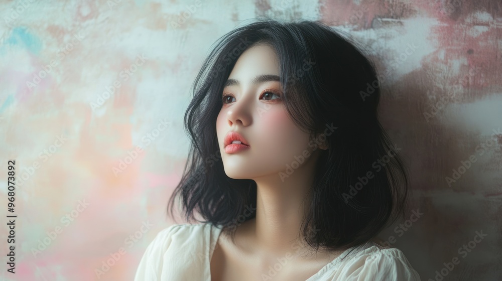Young Woman with Dark Hair and Soft Makeup Looking Away Young Woman with Dark Hair and Soft Makeup Looking Away