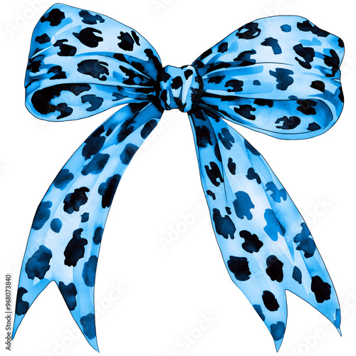 Blue Leopard Print Watercolor Bow PNG, Cheetah Bow Clipart