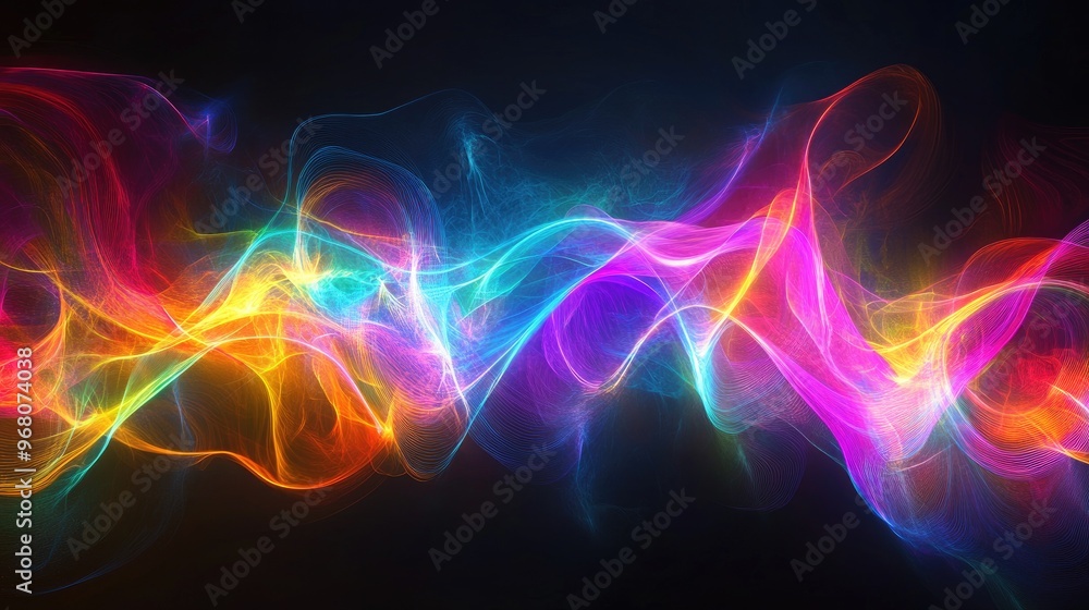 Colorful abstract light shape featuring a fractal effect with bright flares and glowing wave lines designed as high resolution elements on a black background for versatile design use Colorful abstract light shape featuring a fractal effect with bright flares and glowing wave lines designed as high resolution elements on a black background for versatile design use