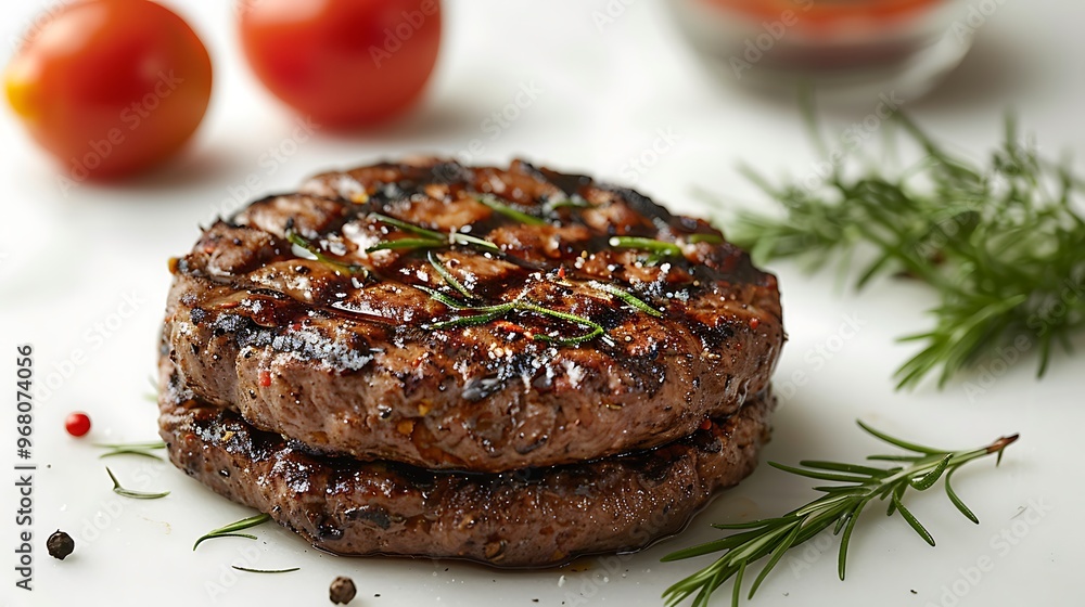 A perfectly grilled beef burger patty with visible char marks, isolated on a clean white background. A perfectly grilled beef burger patty with visible char marks, isolated on a clean white background.
