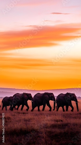 A herd of elephants walking gracefully across the savanna, creating a striking silhouette against a pastel sunset sky