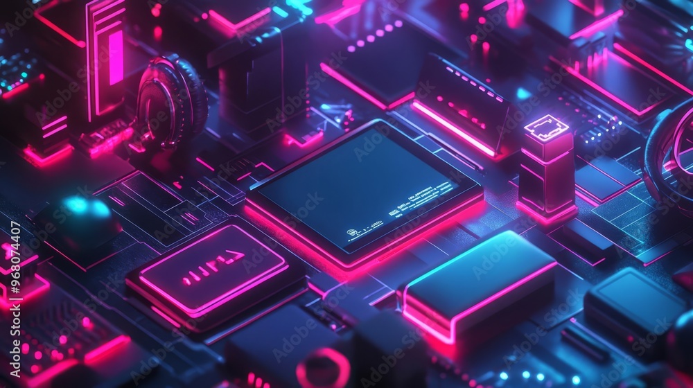 Close-up of a futuristic neon-lit circuit board, depicting advanced technology and modern electronic component architecture. Close-up of a futuristic neon-lit circuit board, depicting advanced technology and modern electronic component architecture.