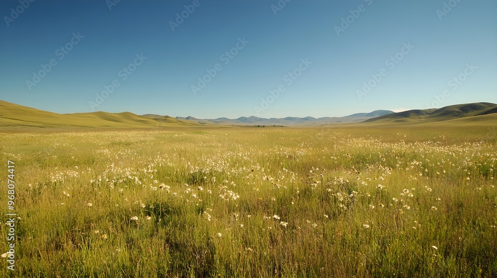 A vast expanse of grassland under a clear blue sky, with wildflowers scattered throughout, creating a serene landscape A vast expanse of grassland under a clear blue sky, with wildflowers scattered throughout, creating a serene landscape