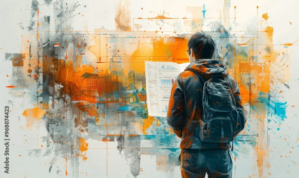 Obraz premium A lone figure studies an abstract cityscape, illuminated by vibrant colors, immersed in art and imagination in a creative borough at dusk