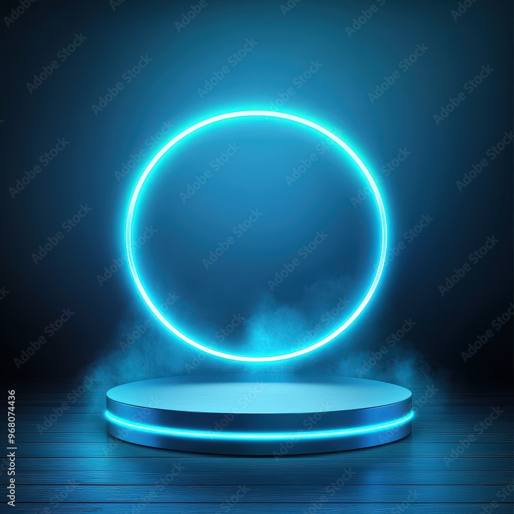 Neon Blue Circle Light Over Empty Platform Neon Blue Circle Light Over Empty Platform