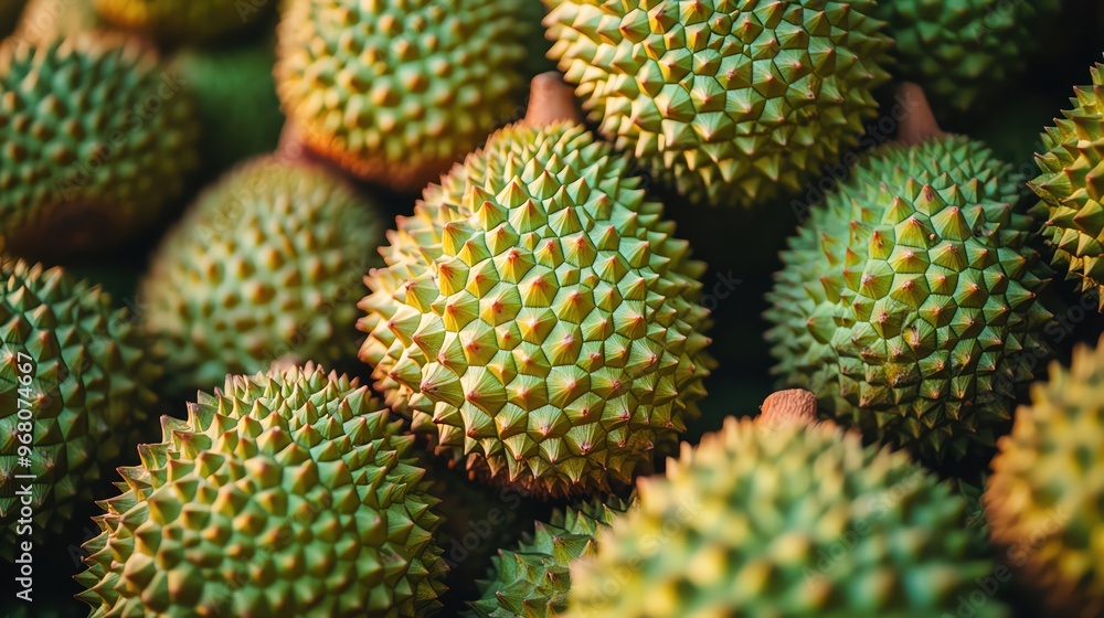 A pile of spiky durians, their rugged green skins creating a textured pattern A pile of spiky durians, their rugged green skins creating a textured pattern