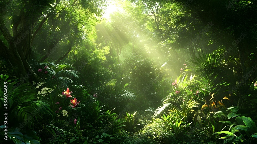 A lush tropical rainforest with diverse flora and fauna, sunlight filtering through the canopy A lush tropical rainforest with diverse flora and fauna, sunlight filtering through the canopy