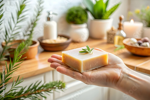 Hand holding a customizable soap bar, placed in a bathroom setting with natural elements