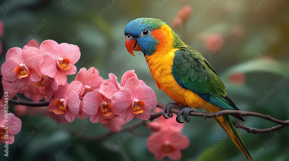 Obraz premium A vibrant lorikeet perched among pink orchids, set against a lush green background