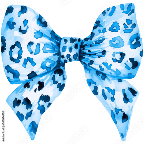 Blue Leopard Print Watercolor Bow PNG, Cheetah Bow Clipart