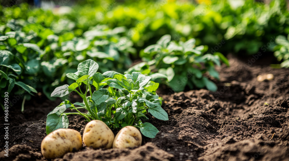 Healthy potatoes are growing in a garden full of green plants. Healthy potatoes are growing in a garden full of green plants.