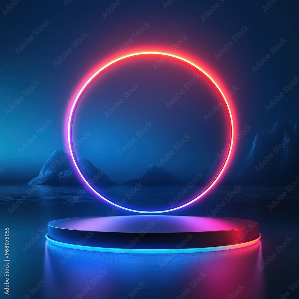 Abstract Neon Circle with Podium and Mountain Background Abstract Neon Circle with Podium and Mountain Background