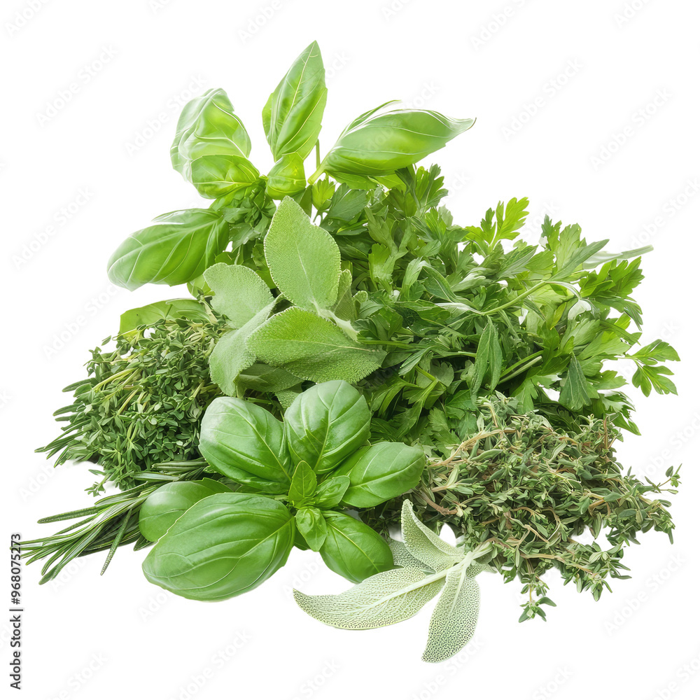 A variety of fresh herbs, including basil, thyme, sage, and rosemary. A variety of fresh herbs, including basil, thyme, sage, and rosemary.