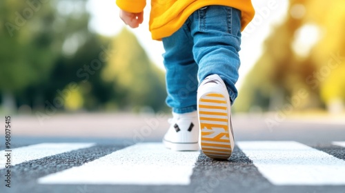 A child crossing a street with a crosswalk, illustrating the importance of pedestrian safety.