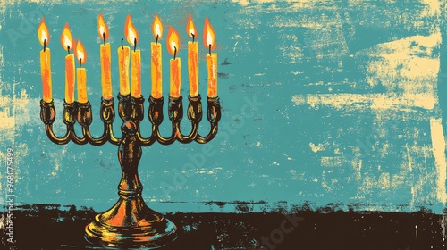 Retro illustration of a Bronze Menorah candelabra with eight lit candles celebrating the final day of a festive holiday No people present featuring ample empty space for creativity