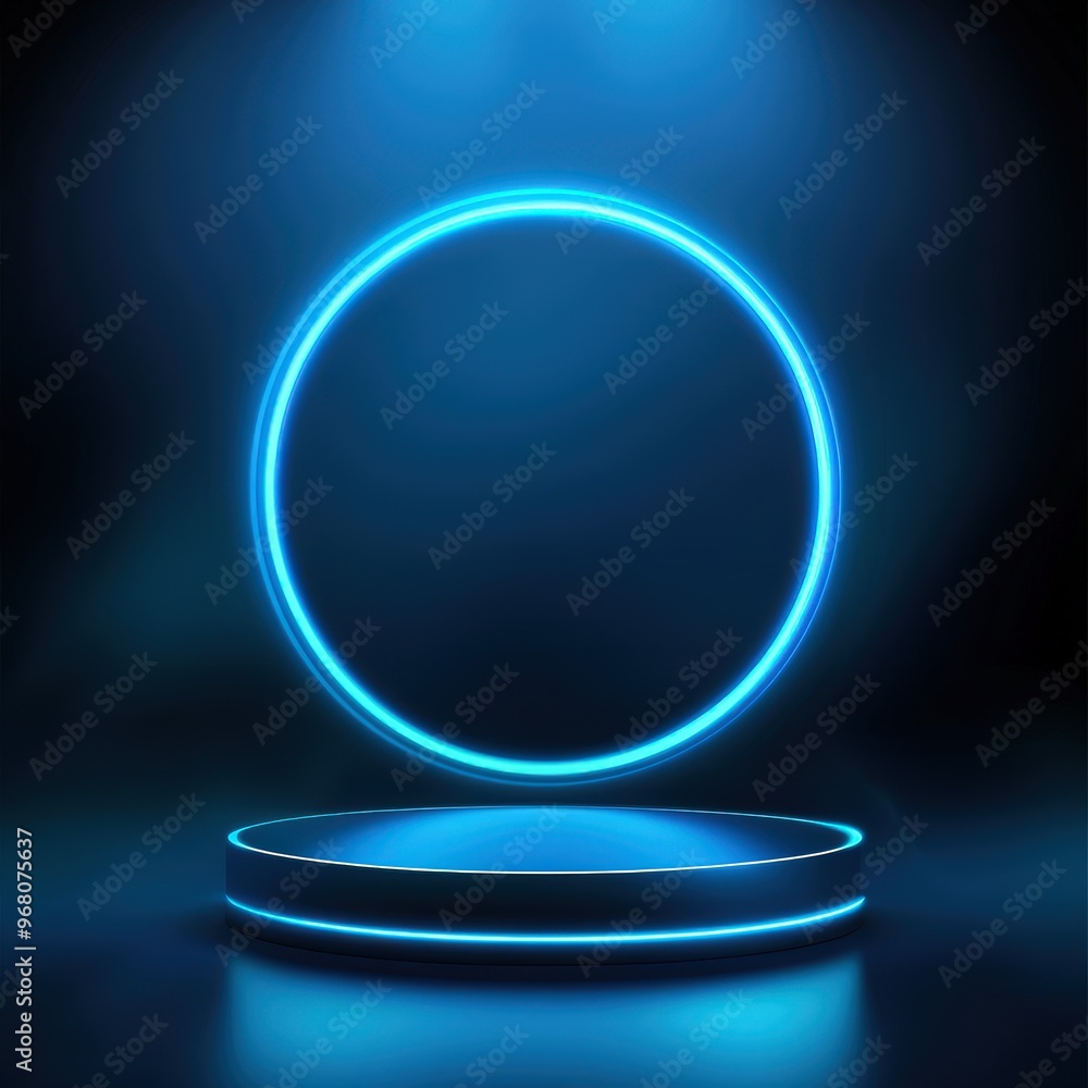 Futuristic Neon Circle Background with Podium for Product Presentation Futuristic Neon Circle Background with Podium for Product Presentation