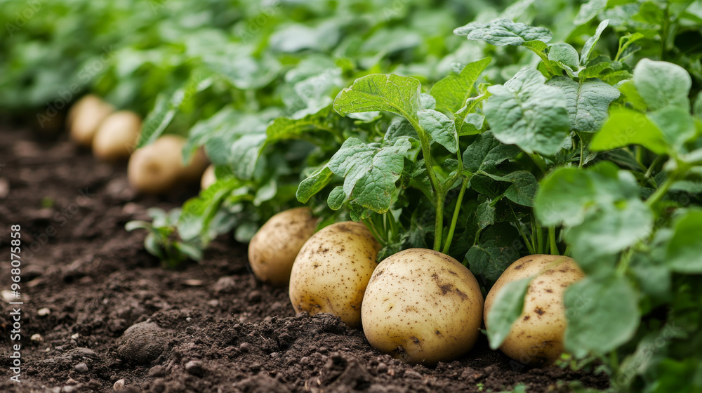 Healthy potatoes are growing in a garden full of green plants. Healthy potatoes are growing in a garden full of green plants.