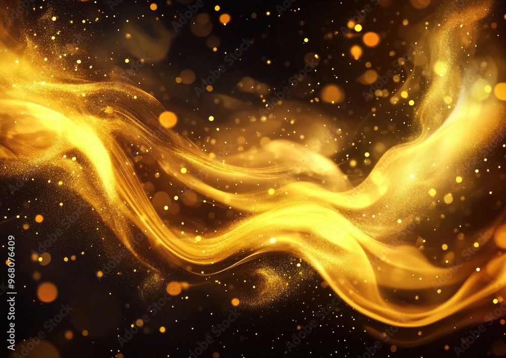 Abstract illustration of flowing gold smoke on a dark backdrop featuring golden hues and swirling yellow tones Abstract illustration of flowing gold smoke on a dark backdrop featuring golden hues and swirling yellow tones
