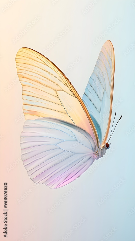 A beautifully illuminated butterfly wing set against a soft pastel background, emphasizing its symmetry and beauty A beautifully illuminated butterfly wing set against a soft pastel background, emphasizing its symmetry and beauty
