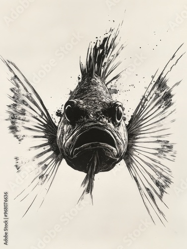 Line art illustration of a scorpionfish print created using black ink in the gyotaku technique on white rice paper photo