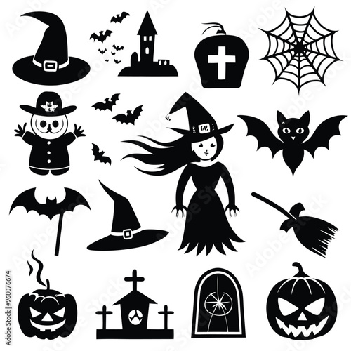halloween set. pumpkin, skull, broom, headstone, spider, cobweb, crows, dead man's hand, witch hat, cauldron, bats. silhouette graphics. vector