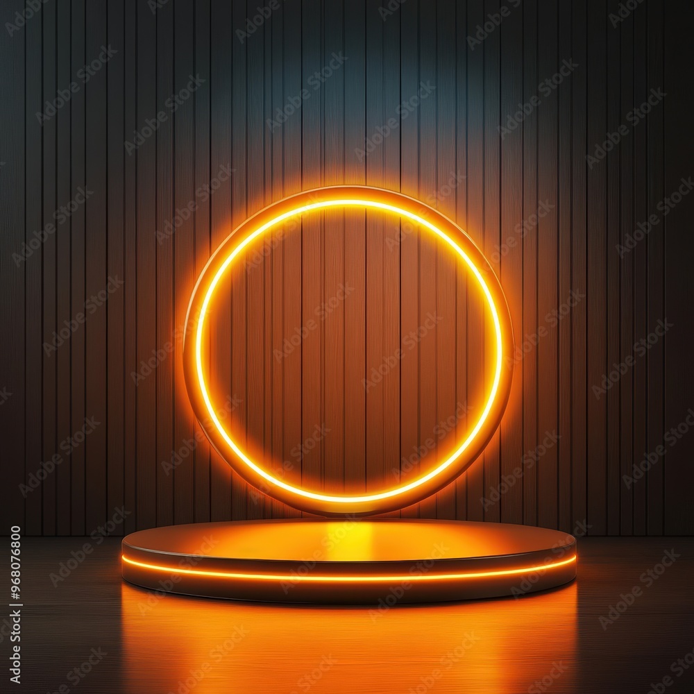 Glowing Neon Circle on a Dark Wooden Background Glowing Neon Circle on a Dark Wooden Background
