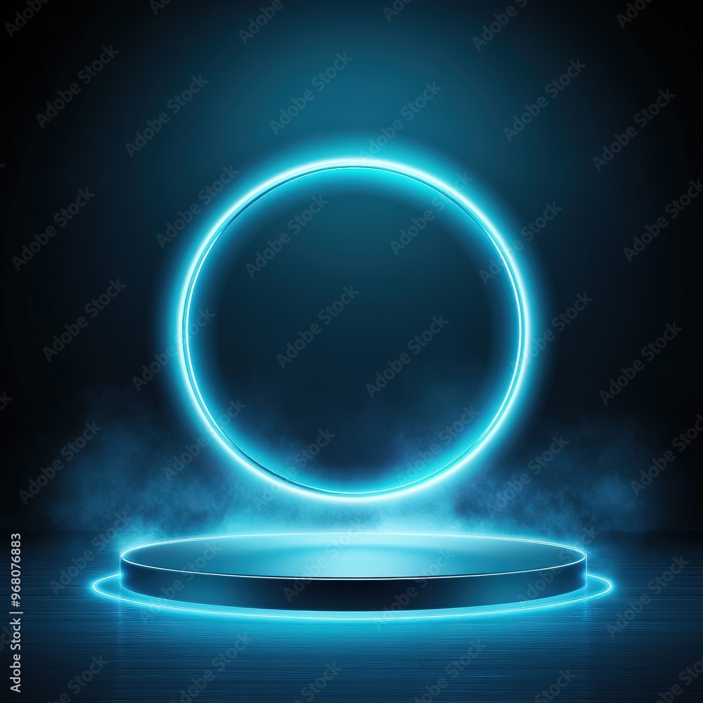 Abstract Blue Neon Circle Light with Podium Abstract Blue Neon Circle Light with Podium