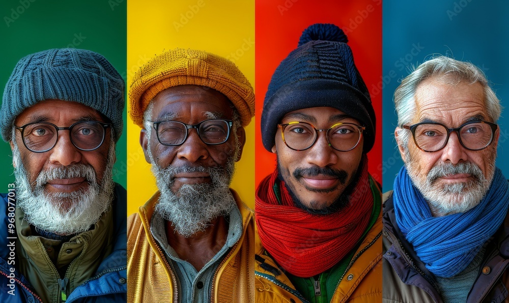 Four distinguished gentlemen showcase their vibrant personalities through colorful attire against striking backdrops, celebrating heritage and individuality in their expressions Four distinguished gentlemen showcase their vibrant personalities through colorful attire against striking backdrops, celebrating heritage and individuality in their expressions