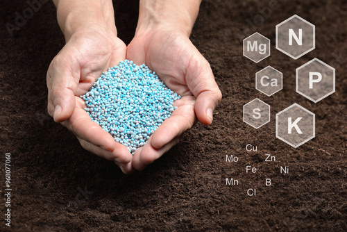 Canvastavla Chemical fertilizers in hand on soil background