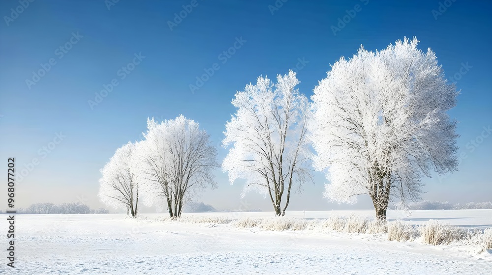A serene winter landscape featuring snow-covered trees and a clear blue sky, creating a peaceful atmosphere A serene winter landscape featuring snow-covered trees and a clear blue sky, creating a peaceful atmosphere