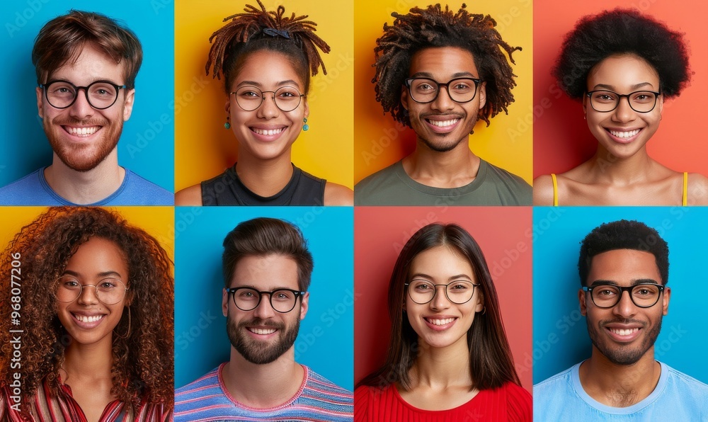 A vibrant collection of diverse individuals smiling joyfully against colorful backgrounds, showcasing different hairstyles and styles in a lively, cheerful atmosphere A vibrant collection of diverse individuals smiling joyfully against colorful backgrounds, showcasing different hairstyles and styles in a lively, cheerful atmosphere
