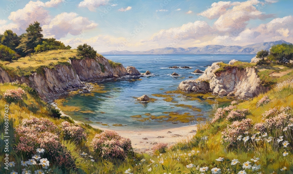 Oil painting depicting a scenic view of a cove along a rugged coastline capturing the beauty of nature and serene waters Oil painting depicting a scenic view of a cove along a rugged coastline capturing the beauty of nature and serene waters