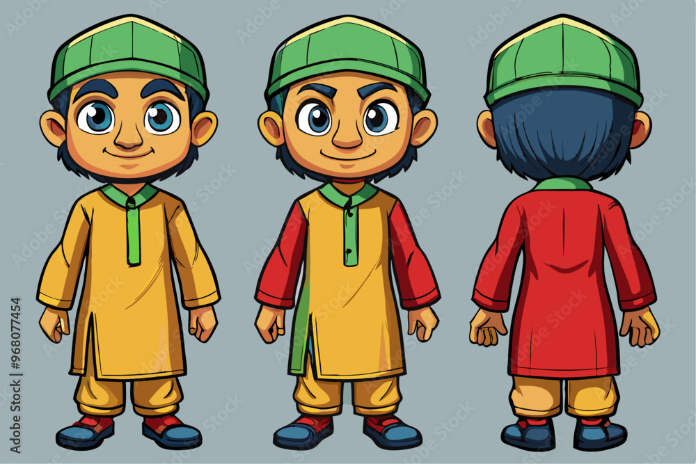 Pakistani 2D Character in t-Pose, Simple one color shalwar kameez, 4 Poses ( Front View, Side View, Back View Pakistani 2D Character in t-Pose, Simple one color shalwar kameez, 4 Poses ( Front View, Side View, Back View