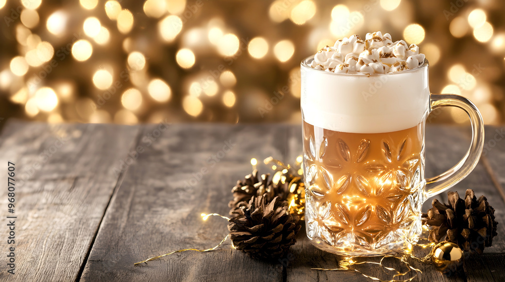 Festive holiday drink in a glass mug with whipped cream, surrounded by pine cones and string lights on a wooden table, with a warm bokeh background Festive holiday drink in a glass mug with whipped cream, surrounded by pine cones and string lights on a wooden table, with a warm bokeh background