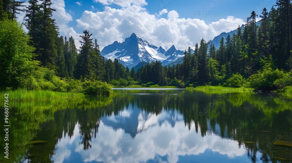 A serene landscape featuring a tranquil lake reflecting the stunning peaks of a beautiful mountain, surrounded by lush greenery A serene landscape featuring a tranquil lake reflecting the stunning peaks of a beautiful mountain, surrounded by lush greenery