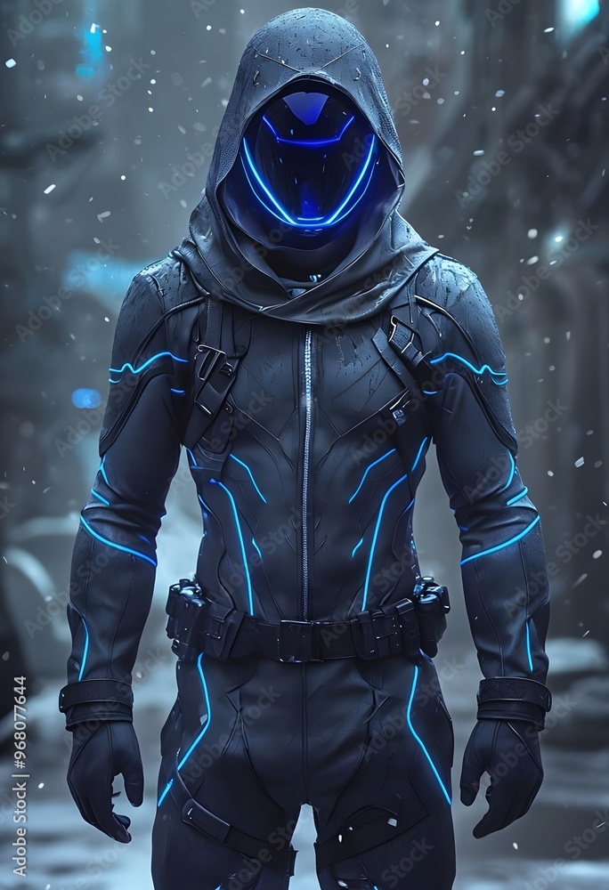 Fototapeta premium man in black and blue winter costume with winter background