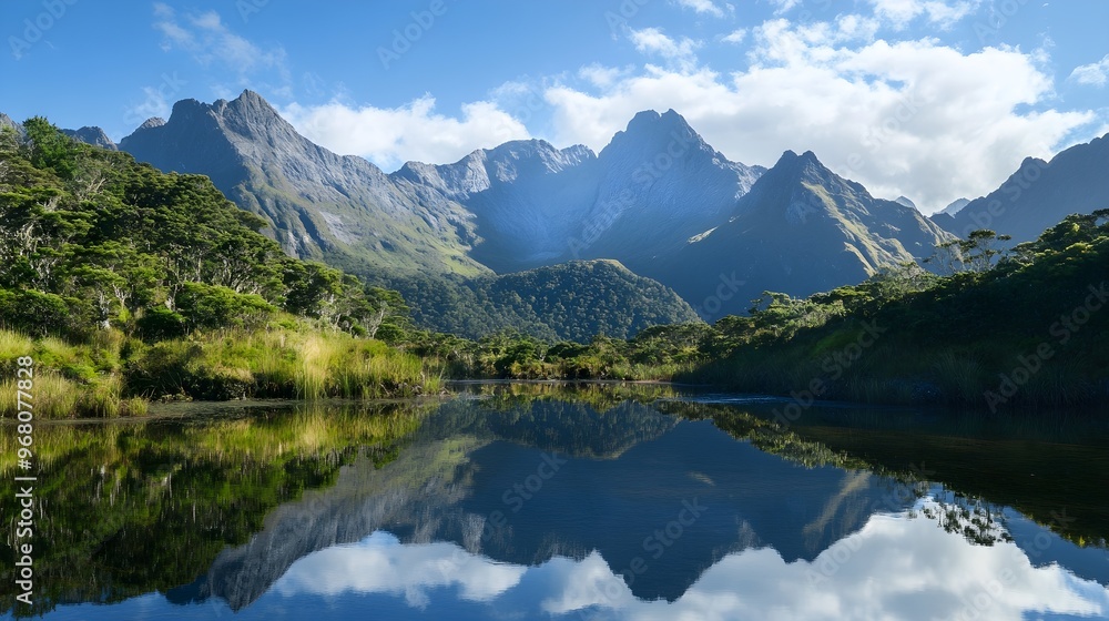 A serene mountain lake surrounded by towering peaks and lush greenery, reflecting the clear blue sky A serene mountain lake surrounded by towering peaks and lush greenery, reflecting the clear blue sky