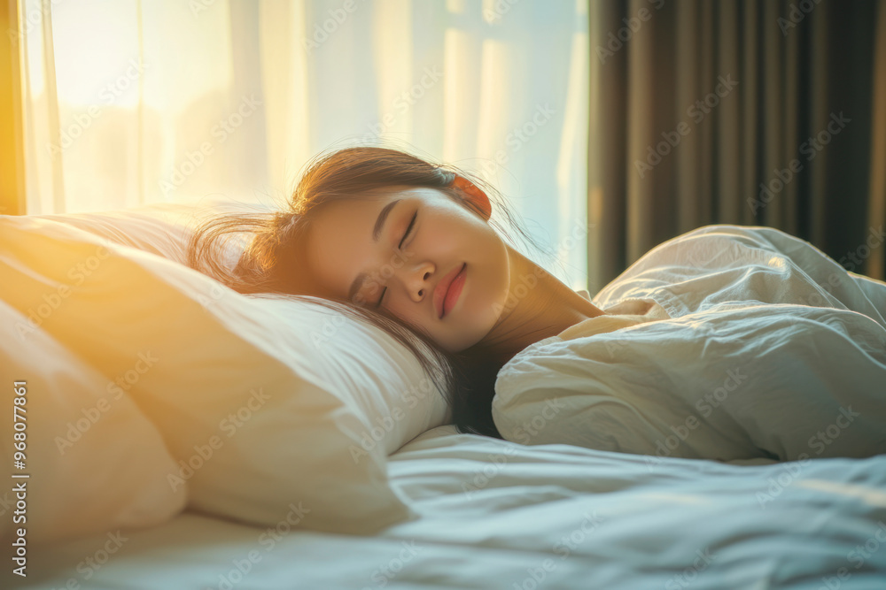 Hotel relaxation on lazy day with Asian woman waking up from good sleep on bed. Hotel relaxation on lazy day with Asian woman waking up from good sleep on bed.