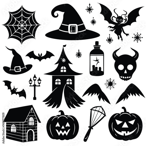 halloween set. pumpkin, skull, broom, headstone, spider, cobweb, crows, dead man's hand, witch hat, cauldron, bats. silhouette graphics. vector