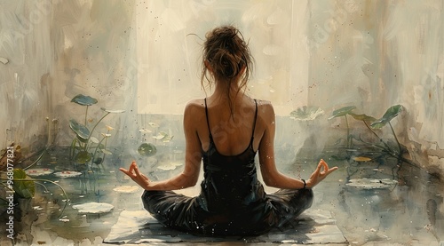 A contemplative dark hair young woman in black costume sits cross-legged on a soft surface, surrounded by gentle swirls of color, water colors, yoga girl sketch 