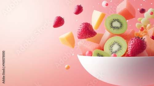 A whimsical illustration of a bowl of colorful fruit salad, emphasizing the fresh and vibrant flavors of the dish. photo