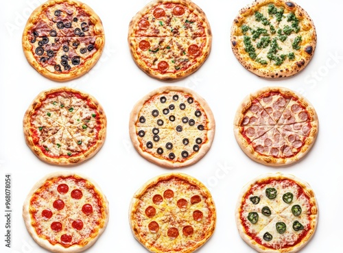 Set with various delicious types of pizza on a white background, top view.