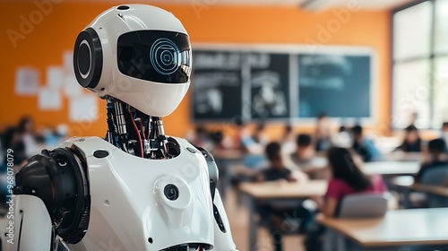 A humanoid robot teaching a classroom of students