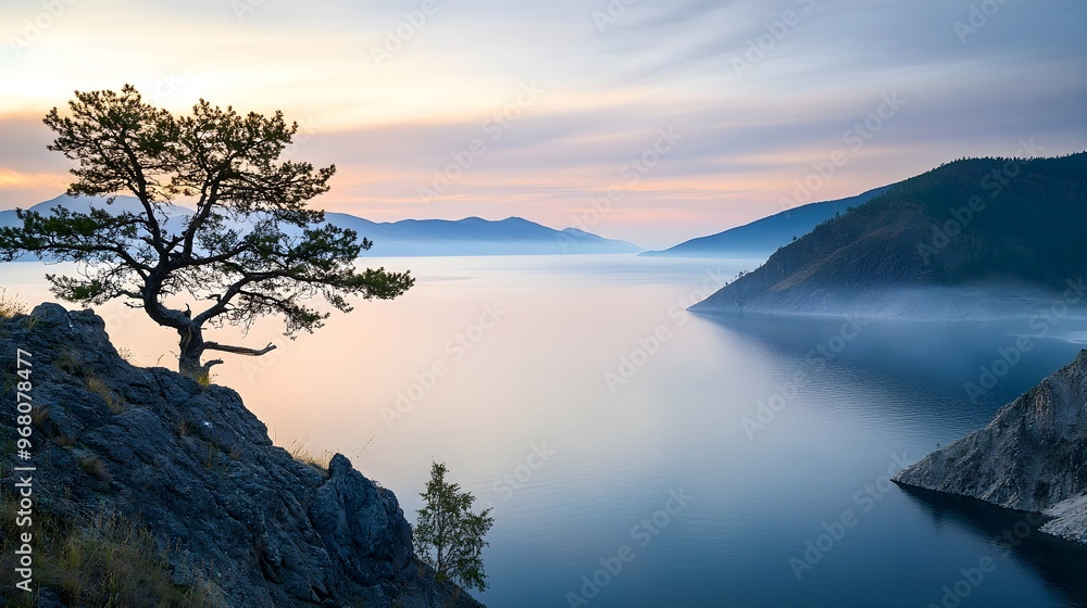 Fototapeta premium A serene view of Lake Baikal during sunrise, with soft light reflecting off the calm waters and surrounded by misty mountains