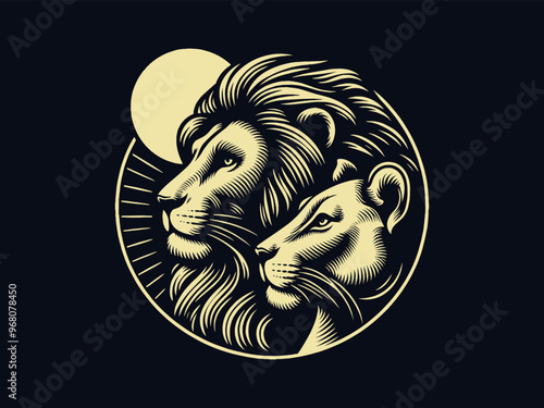 Beautiful lion and lioness. Face, head, portrait. Vintage engraving black and white vector illustration, emblem