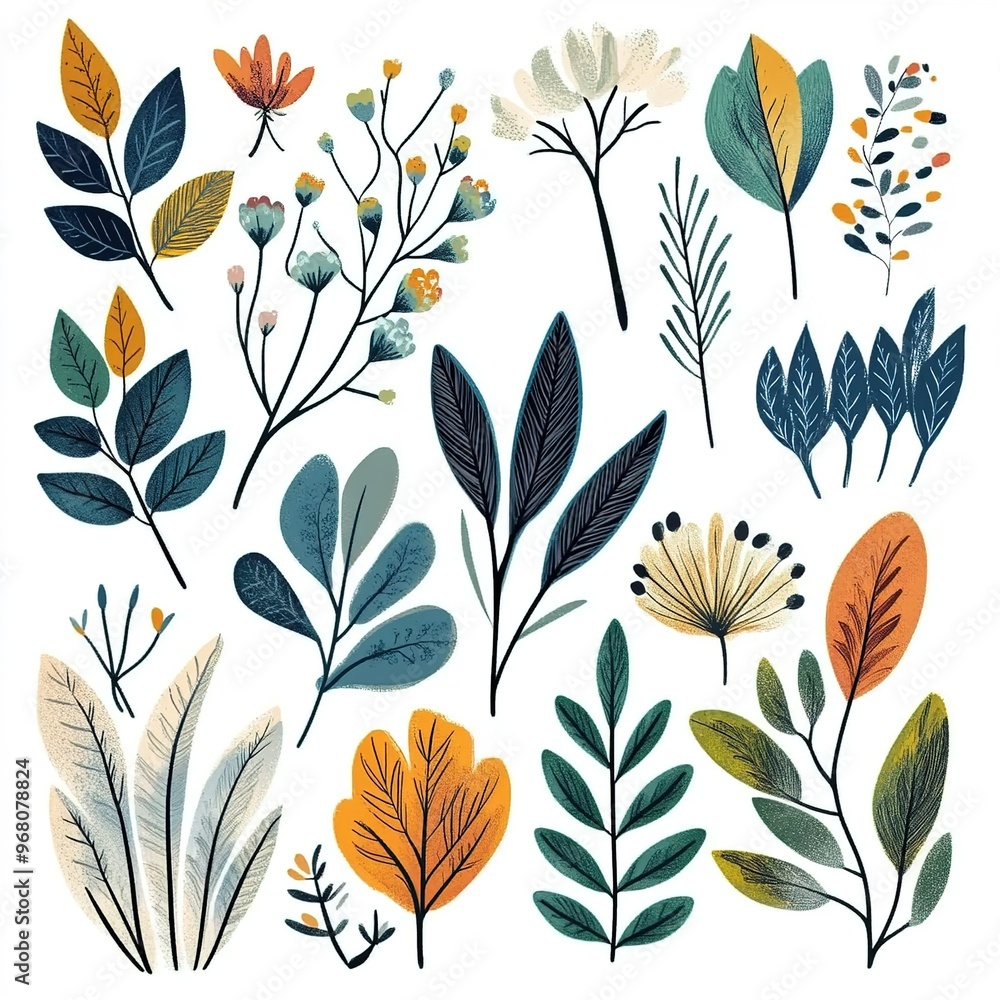 Fototapeta premiumA clipart set of various leaves and flowers in a boho style 