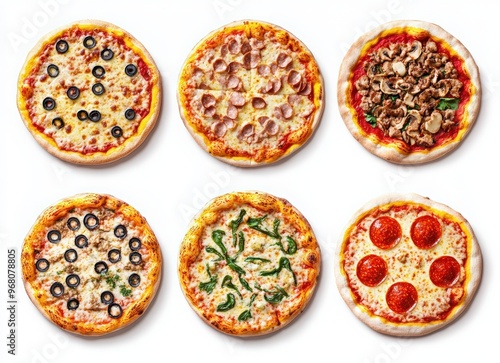 Set with various delicious types of pizza on a white background, top view.